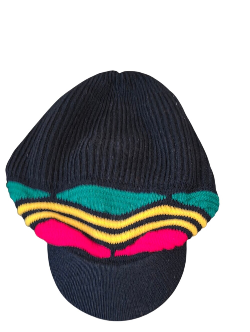 Rasta Dreadlock Wave Beanie Visor Hat Black With Green Red & Yellow Stripes